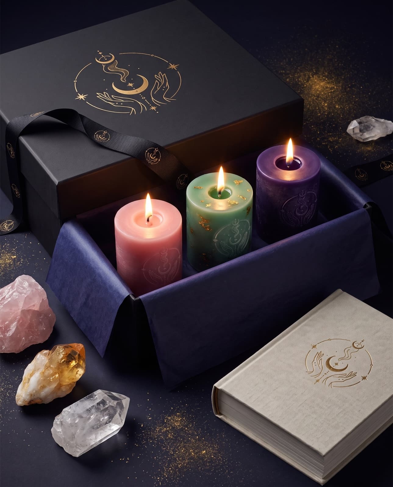 La Trilogía Noctámbula: caja negra con luna dorada rodeada de las tres velas rituales, cristales y la guía maestra.