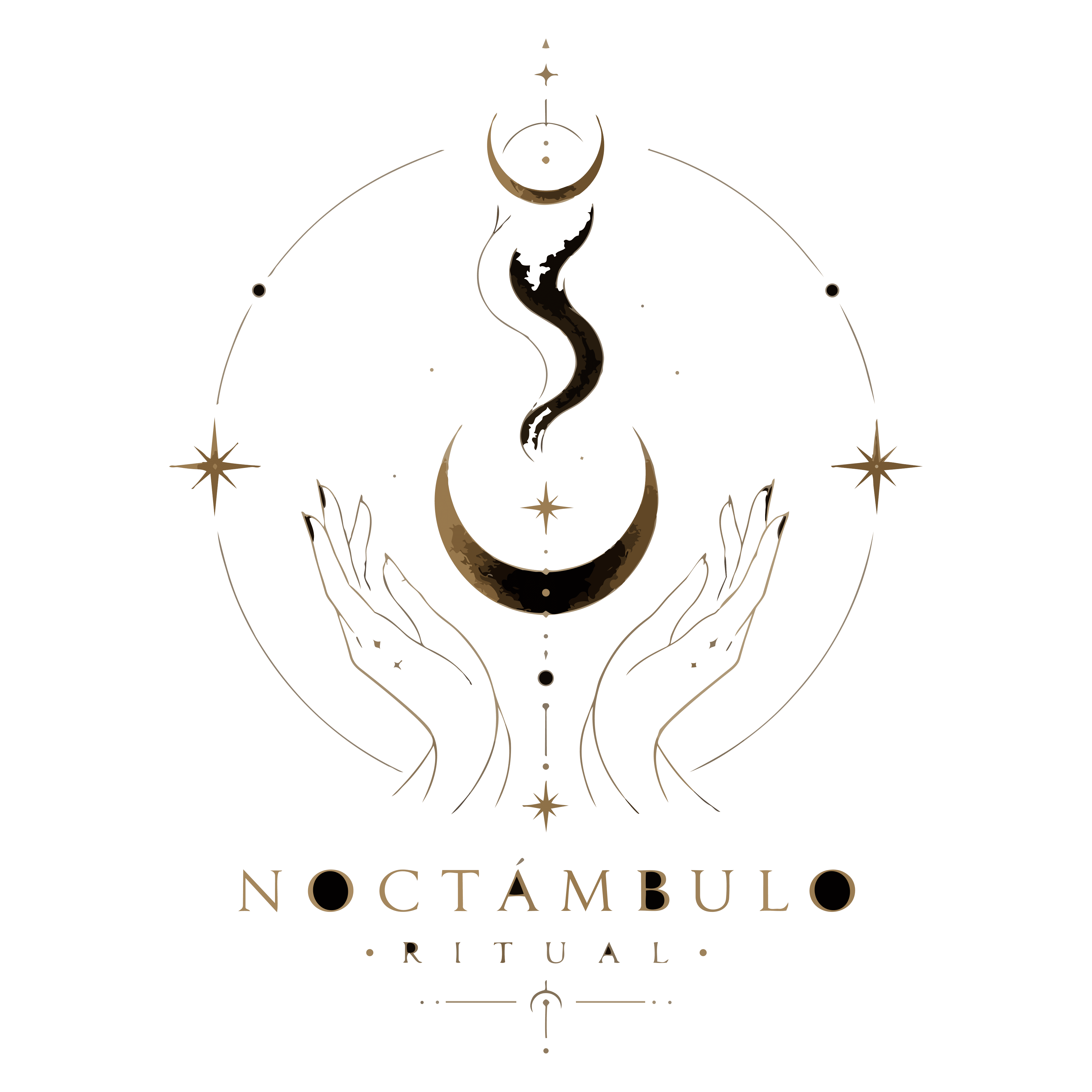 Sello de Noctámbulo Ritual: dos manos sostienen una luna creciente mientras el humo asciende hacia una segunda luna.
