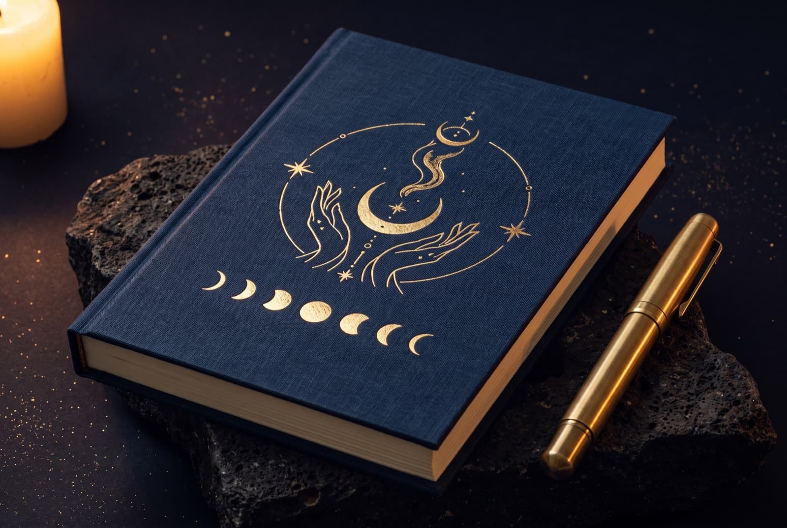 Cuaderno lunar: fotografía del complemento sobre piedra volcánica a la luz de una vela.