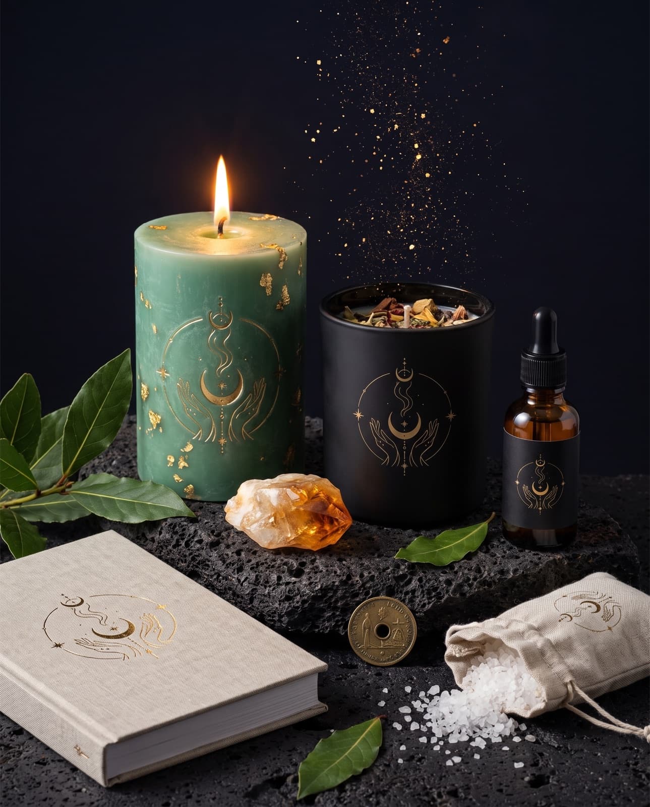 Kit del Ritual de Abundancia: sus elementos dispuestos como altar a la luz de una vela.